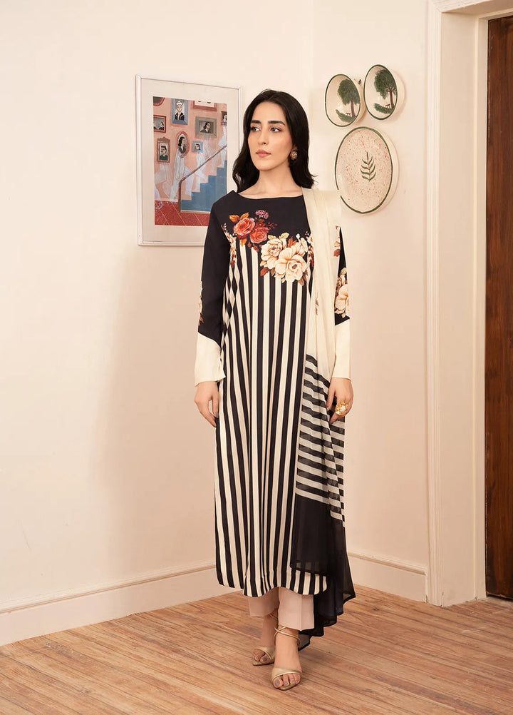 Stitch Vibes Pret Printed Crepe 3 Piece Suit Black Striped Dress