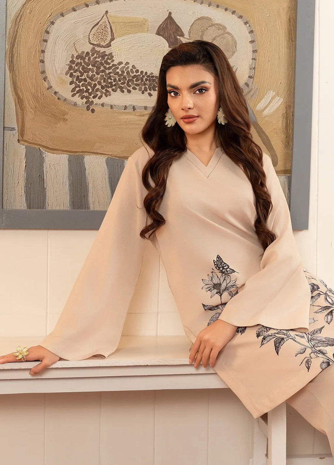 Stitch Vibes Pret Printed Crepe 2 Piece Suit Ivory Co-Ord set