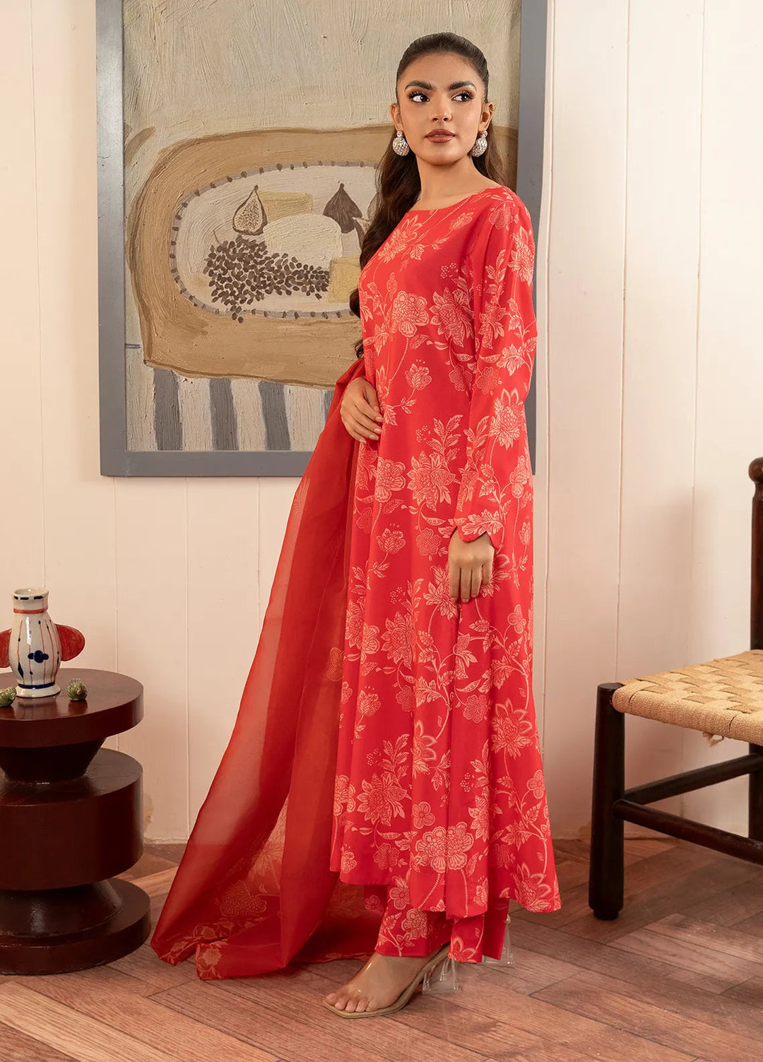 Stitch Vibes Pret Printed Crepe 3 Piece Suit Coral Dress