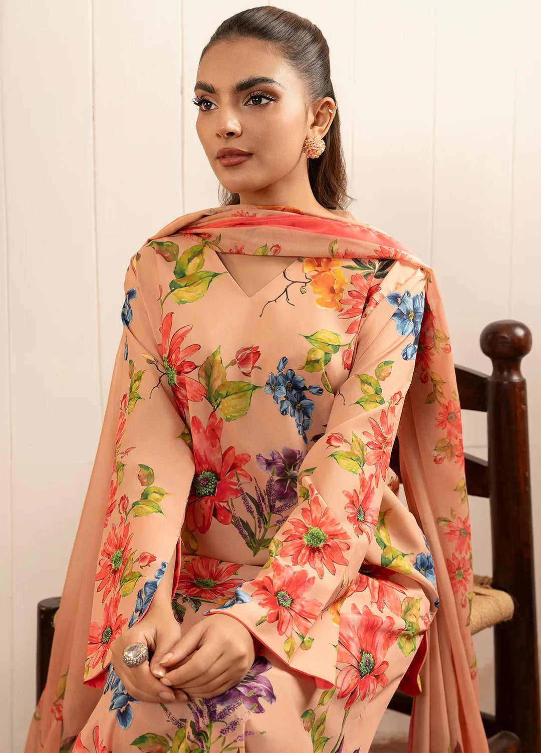 Stitch Vibes Pret Printed Crepe 3 Piece Suit Coral Floral Dress