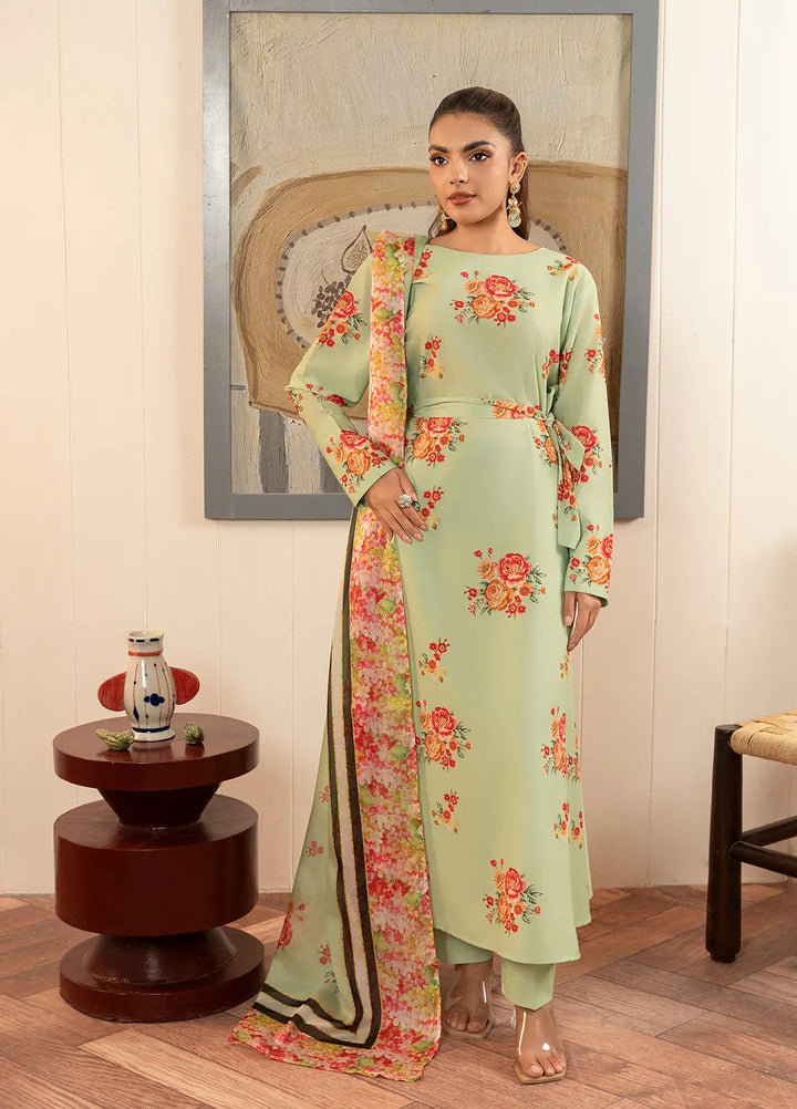 Stitch Vibes Pret Printed Crepe 3 Piece Suit Olive Floral Dress