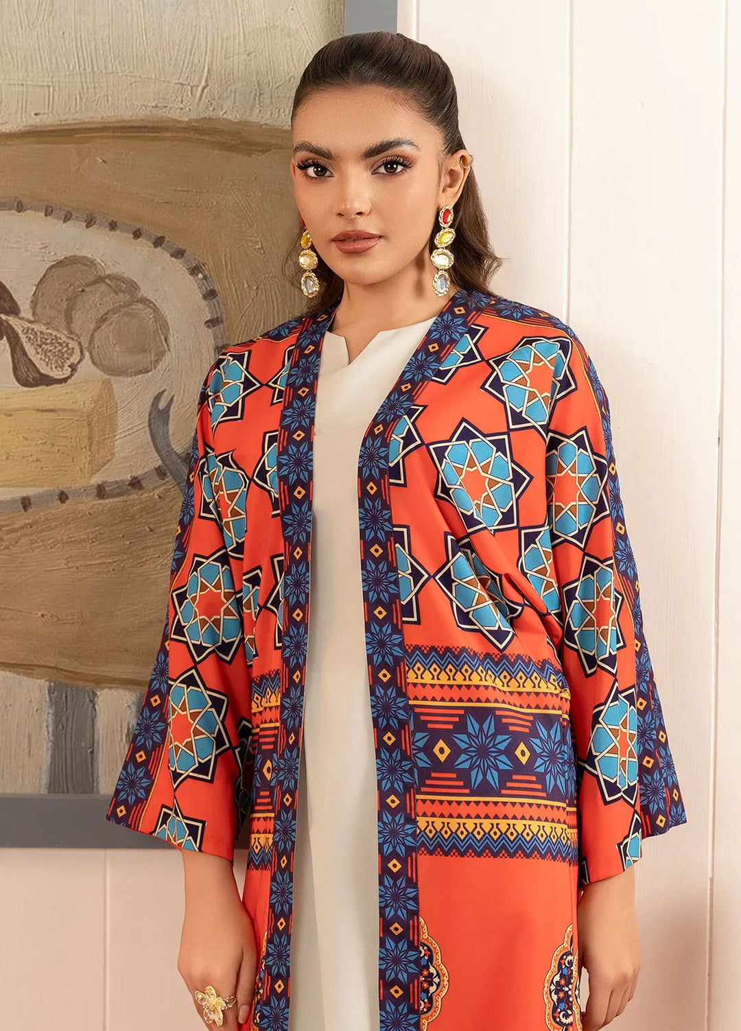 Stitch Vibes Pret Printed Crepe Kurit Orange Daisy Shrug