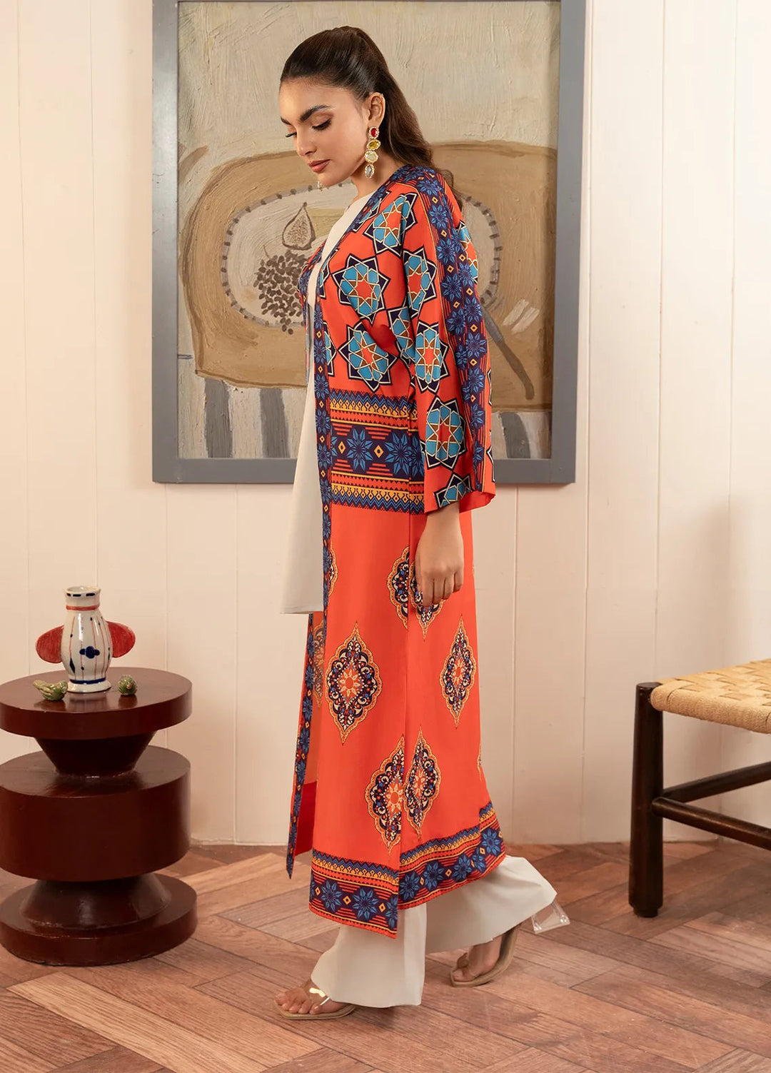 Stitch Vibes Pret Printed Crepe Kurit Orange Daisy Shrug