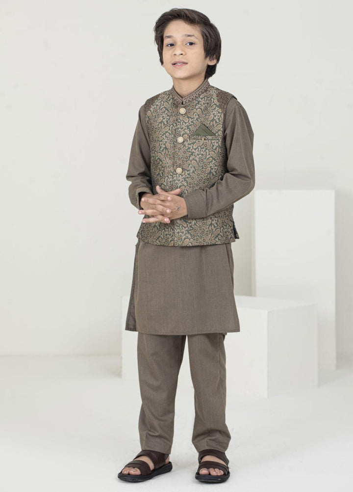 Stylish Jamawar Fancy Waistcoat Suit for Kids -  K-2001 Golden Green