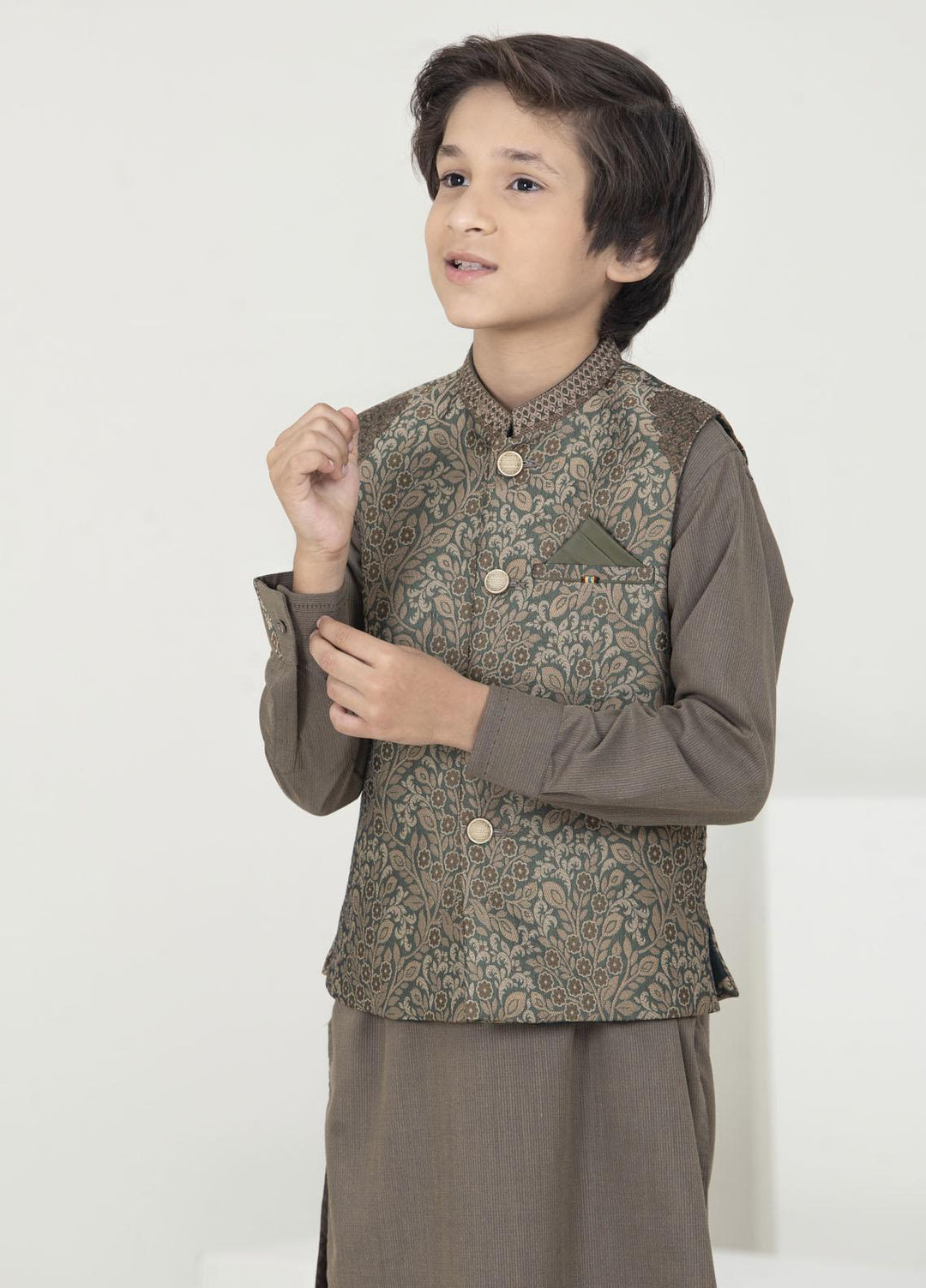 Stylish Jamawar Fancy Waistcoat Suit for Kids -  K-2001 Golden Green