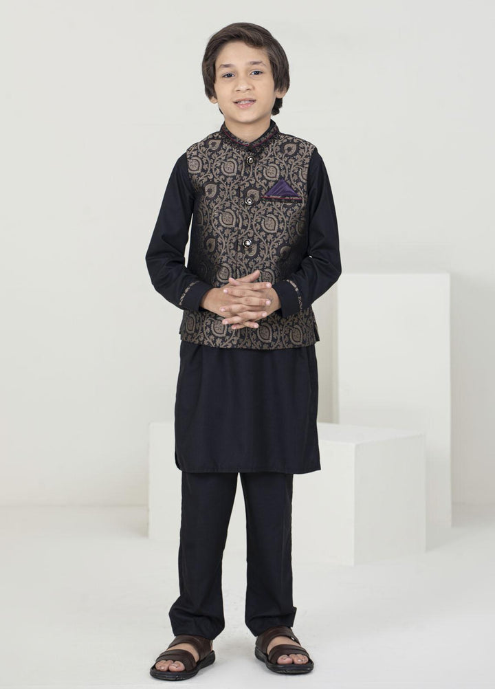 Stylish Jamawar Fancy Waistcoat Suit for Kids -  K-2006 Black Golden