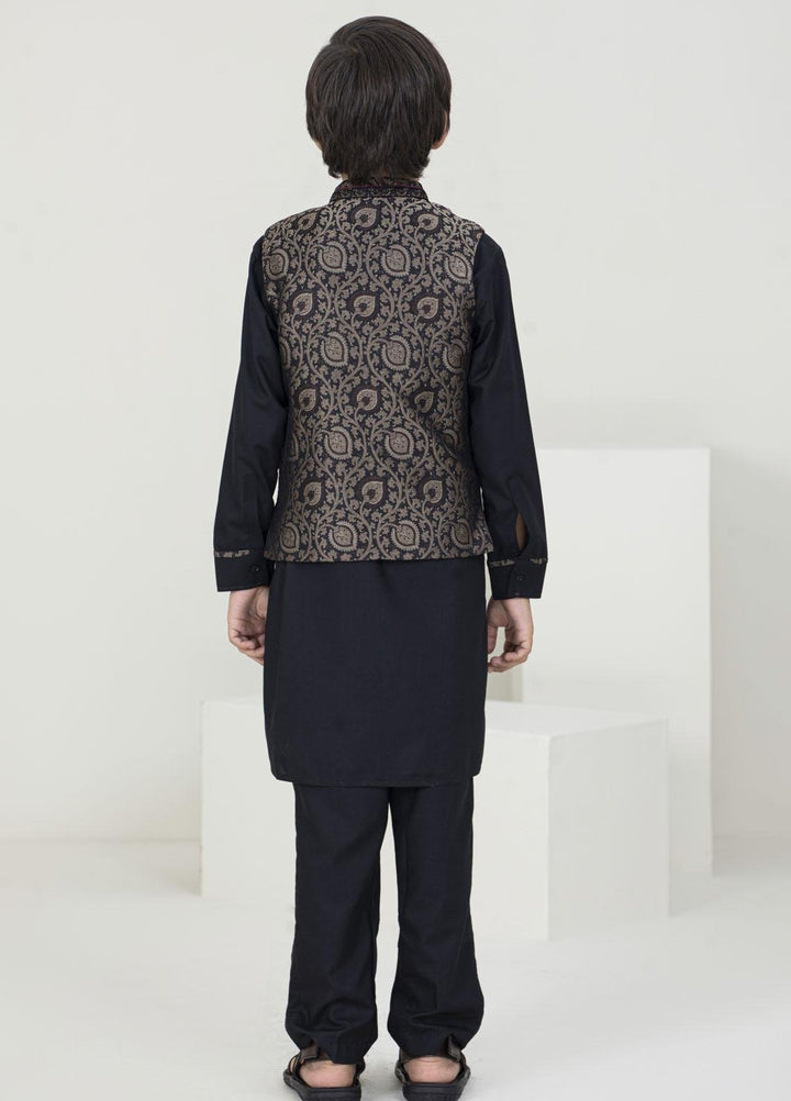 Stylish Jamawar Fancy Waistcoat Suit for Kids -  K-2006 Black Golden