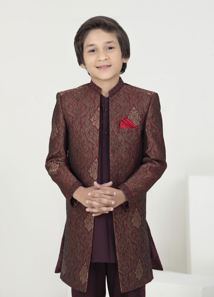 Stylish Jamawar Fancy Sherwani for Kids -  KS-1050 Mehroon