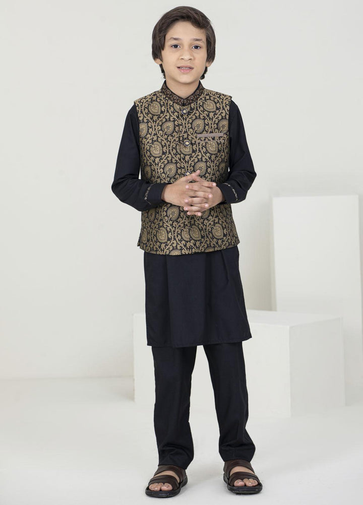 Stylish Jamawar Fancy Waistcoat Suits for Kids -  KW-1752 Black Golden
