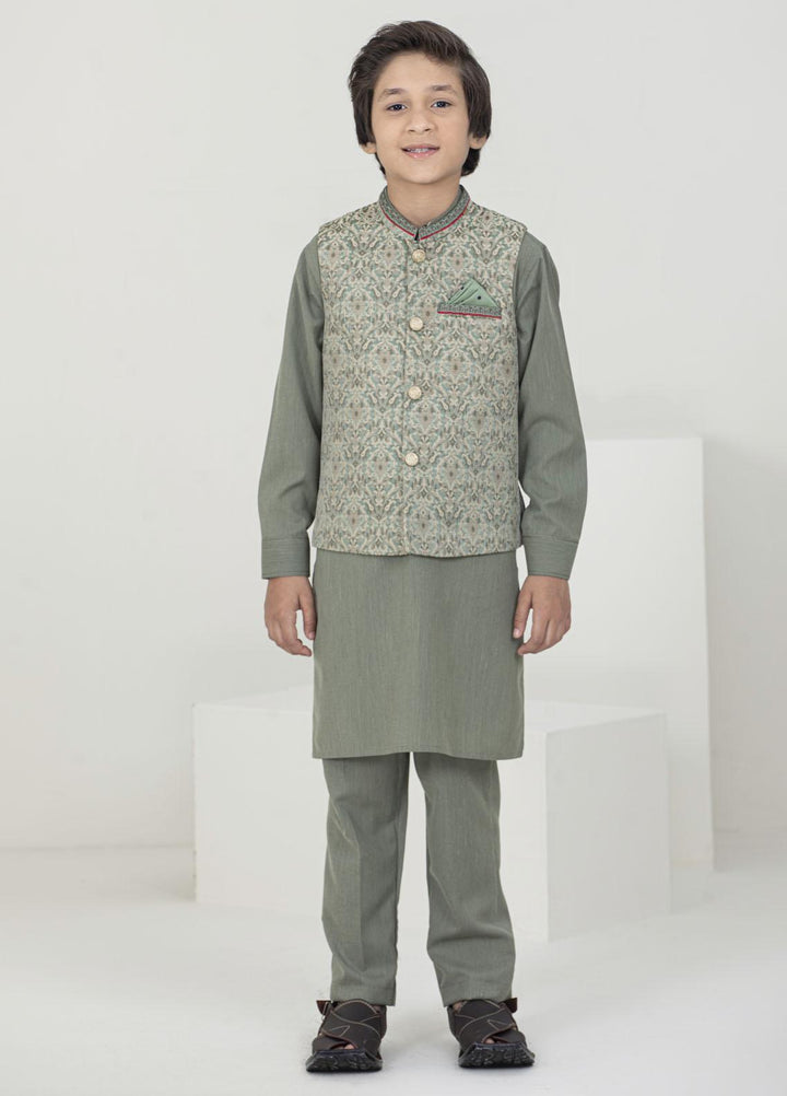 Stylish Wash N Wear Fancy Waistcoat Suit for Kids -  K-2015 Golden Green