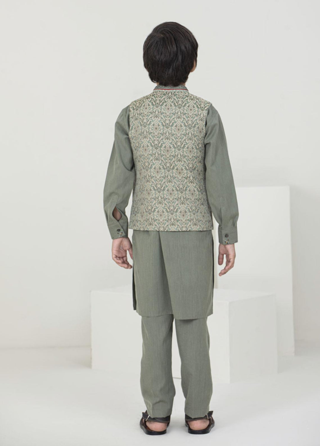 Stylish Wash N Wear Fancy Waistcoat Suit for Kids -  K-2015 Golden Green