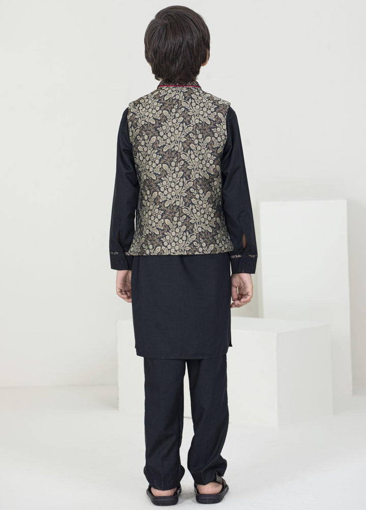 Stylish Jamawar Fancy Waistcoat Suits for Kids -  KW-1753 Black Golden