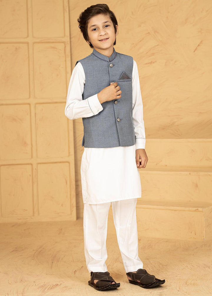Stylish Wash N Wear Formal Kurta Shalwar & Waistcoat for Kids - Blue K-2008