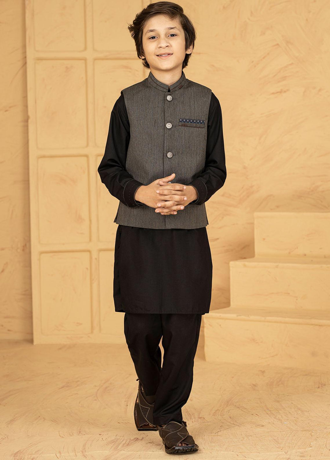 Stylish Wash N Wear Formal Kids Kurta Shalwar & Waistcoat - Grey K-2010