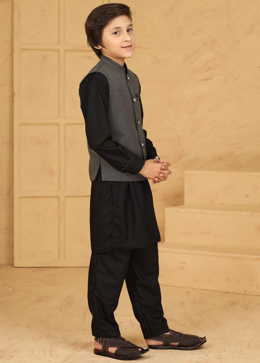 Stylish Wash N Wear Formal Kids Kurta Shalwar & Waistcoat - Grey K-2010