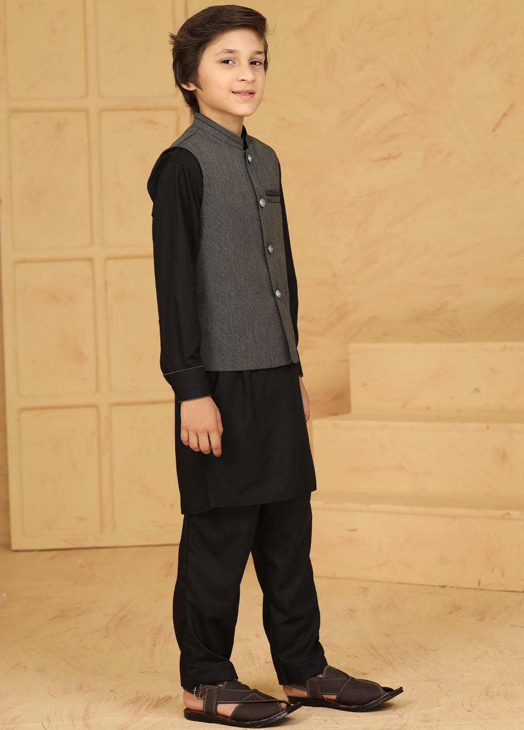 Stylish Wash N Wear Formal Kids Kurta Shalwar & Waistcoat - Grey K-2010