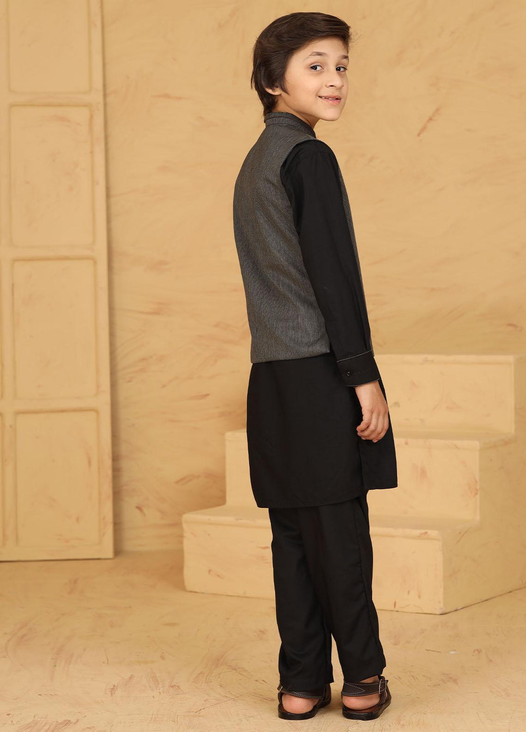 Stylish Wash N Wear Formal Kids Kurta Shalwar & Waistcoat - Grey K-2010