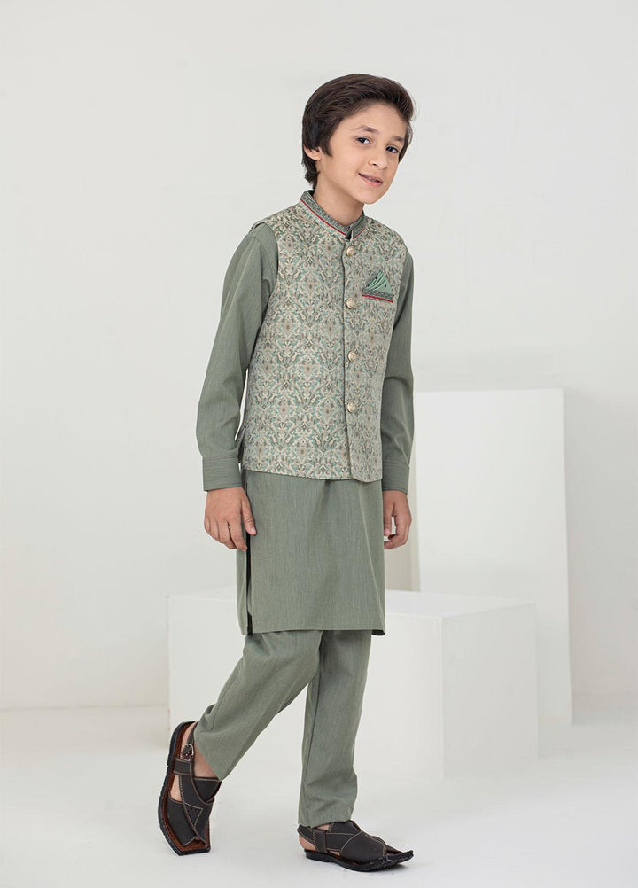 Stylish Wash N Wear Formal Kurta Shalwar & Waistcoat for Kids -  K-2015 Golden Grey