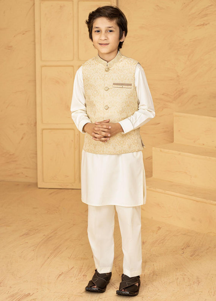 Stylish Wash N Wear Formal Kurta Shalwar & Waistcoat for Kids - Golden K-2016