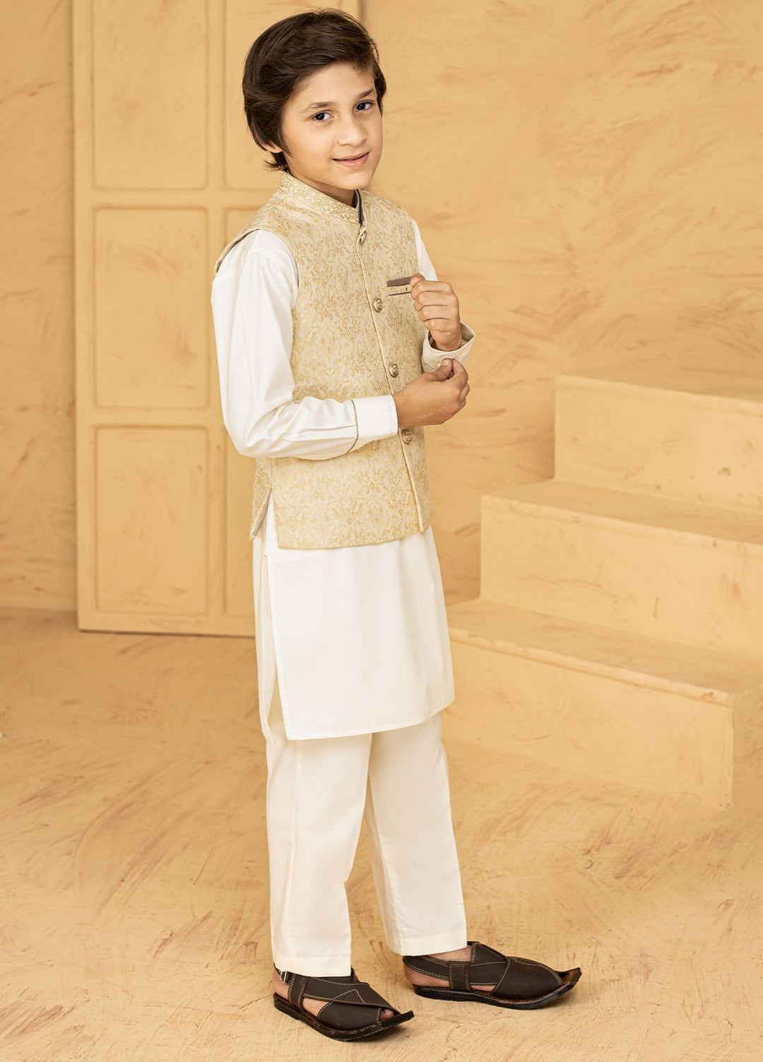 Stylish Wash N Wear Formal Kurta Shalwar & Waistcoat for Kids - Golden K-2016
