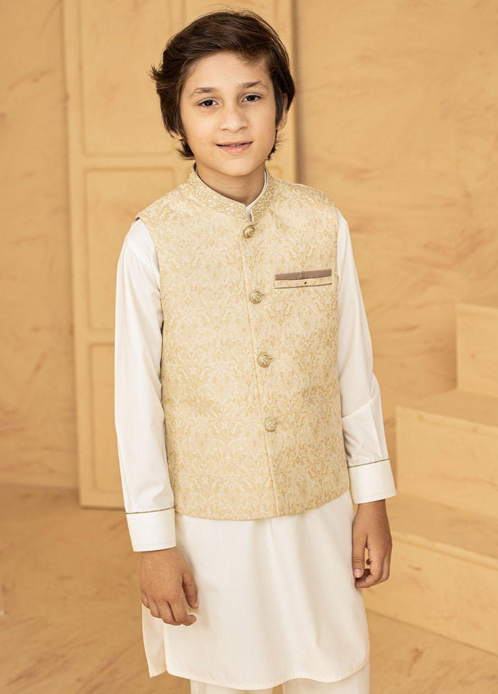 Stylish Wash N Wear Formal Kurta Shalwar & Waistcoat for Kids - Golden K-2016