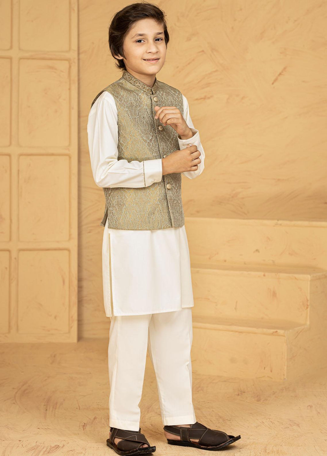 Stylish Wash N Wear Formal Kurta Shalwar & Waistcoat for Kids - Golden Green K-2020