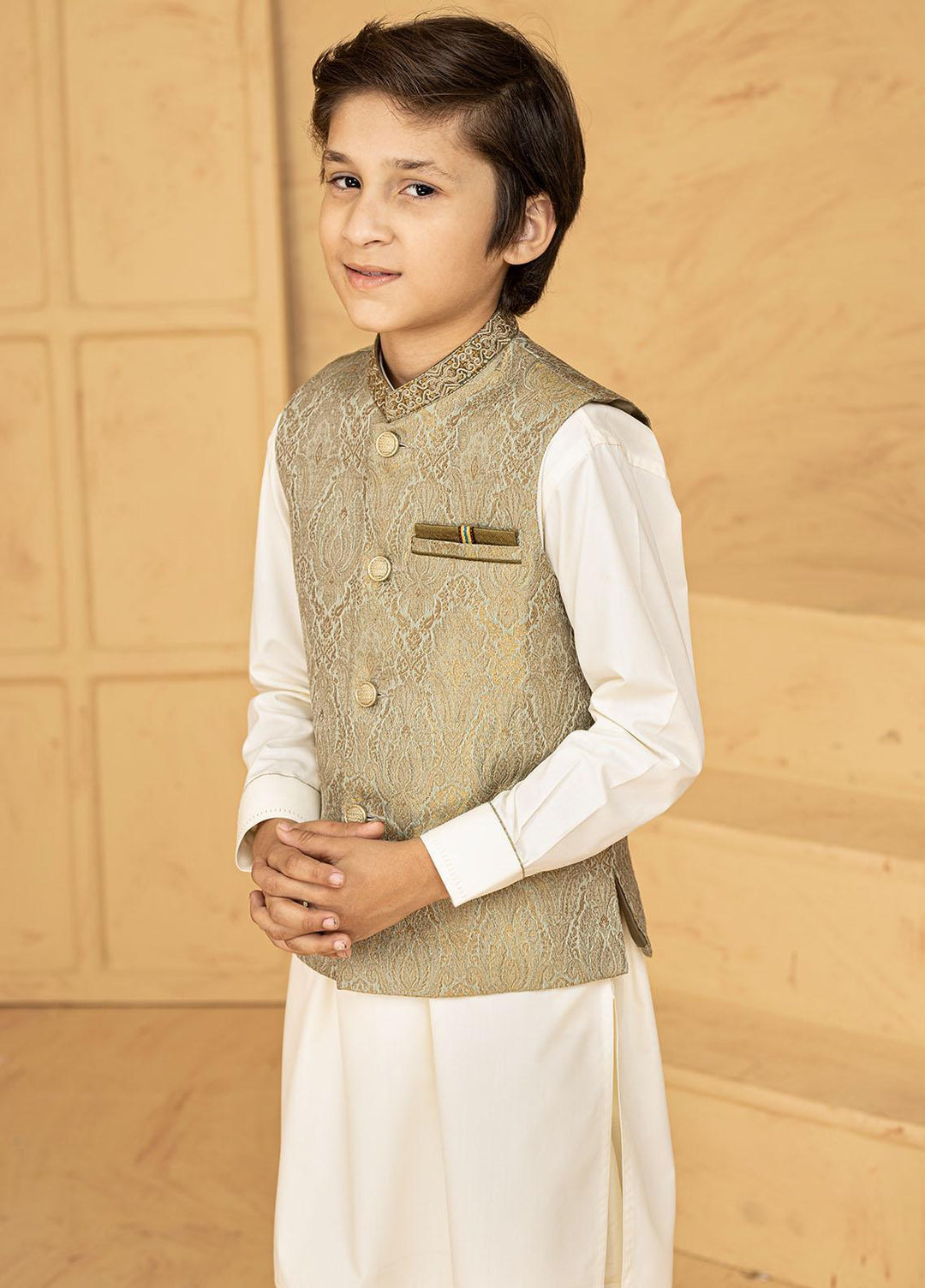 Stylish Wash N Wear Formal Kurta Shalwar & Waistcoat for Kids - Golden Green K-2020