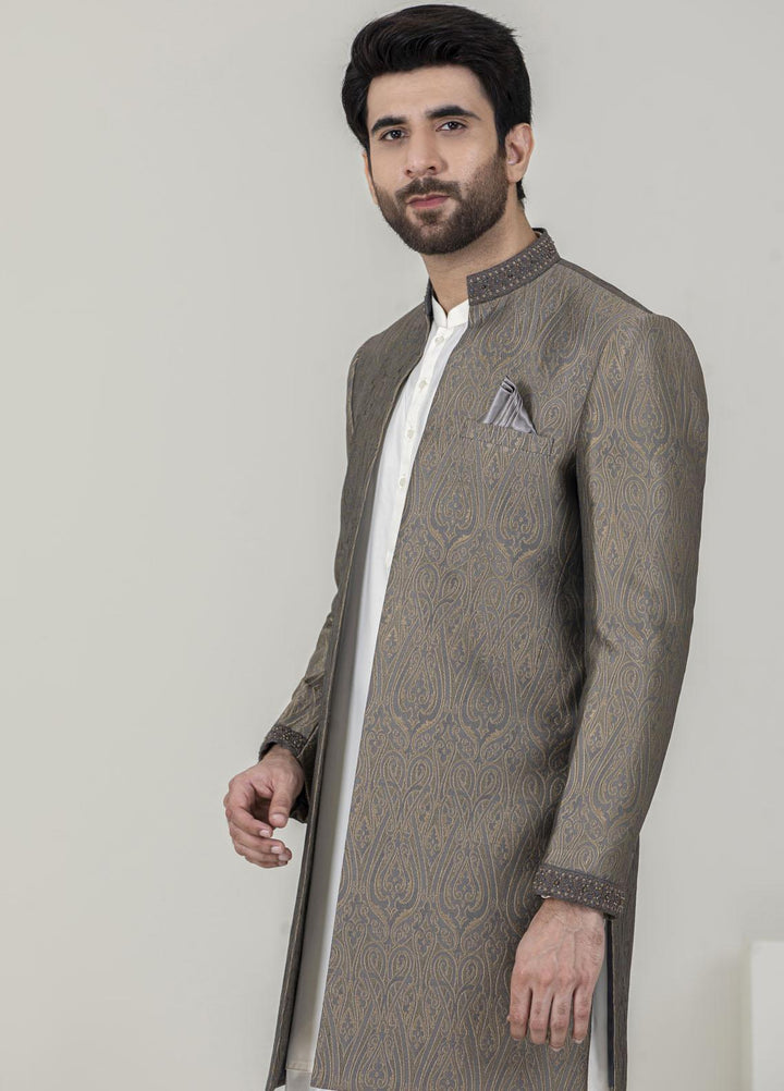 Stylish Jamawar Formal Sherwani for Men -  GS-5053 Grey