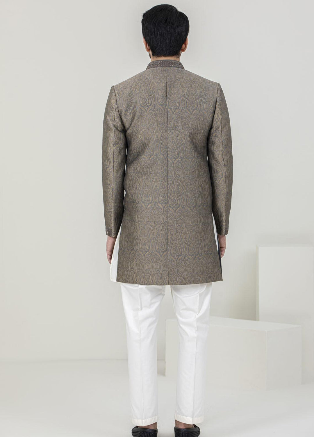 Stylish Jamawar Formal Sherwani for Men -  GS-5053 Grey