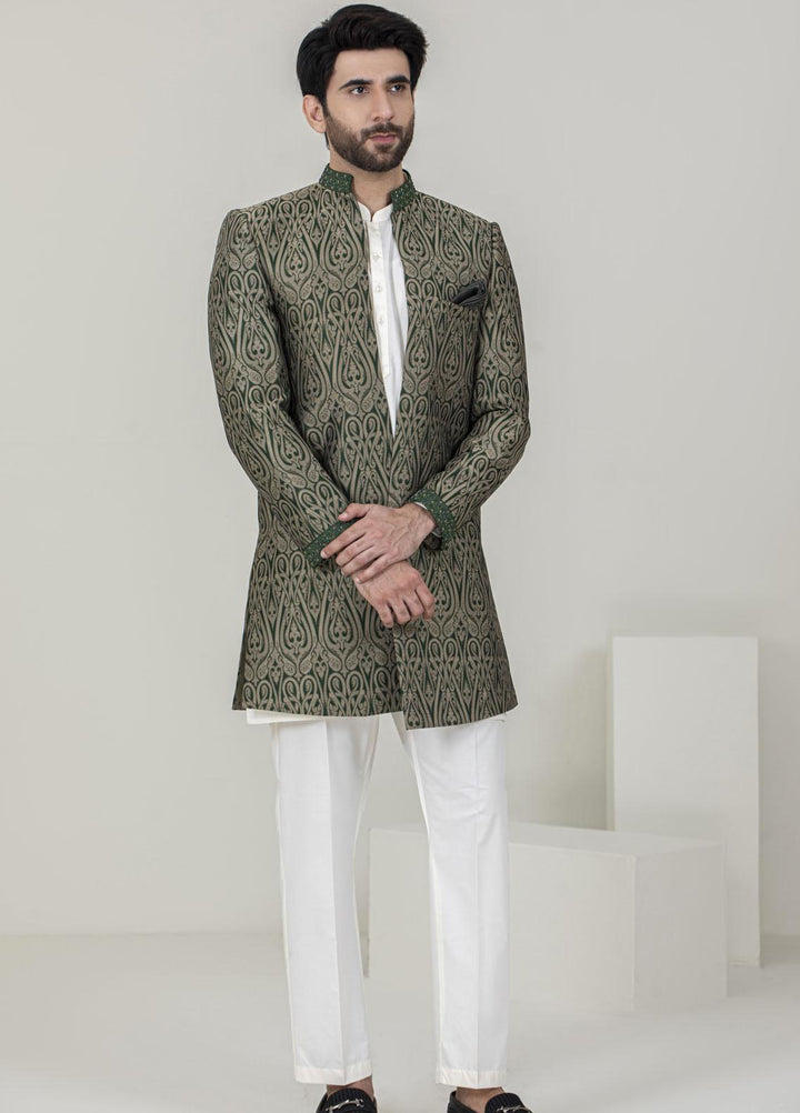 Stylish Jamawar Formal Sherwani for Men -  GS-5054 Golden Green
