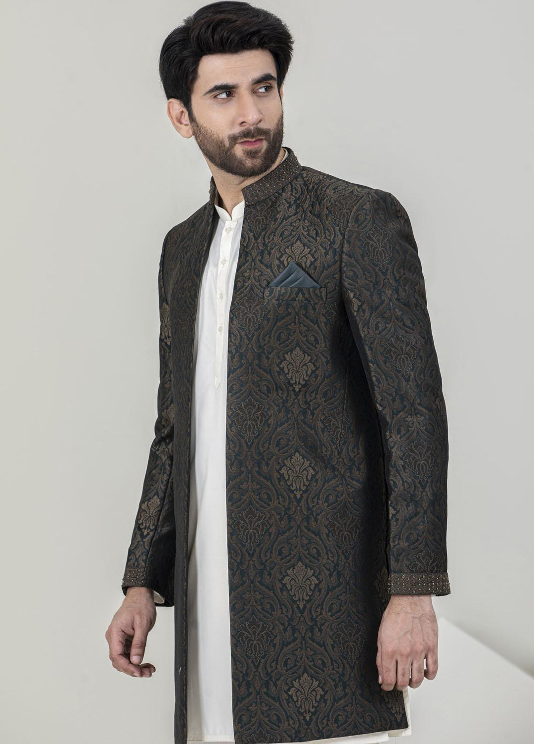Stylish Jamawar Formal Sherwani for Men -  GS-5057 Black Golden