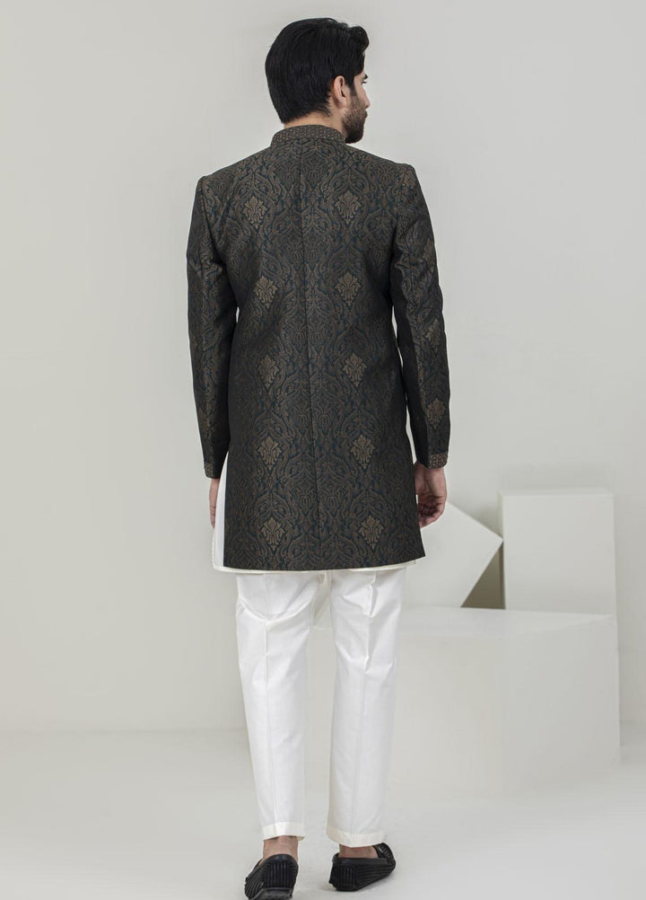 Stylish Jamawar Formal Sherwani for Men -  GS-5057 Black Golden