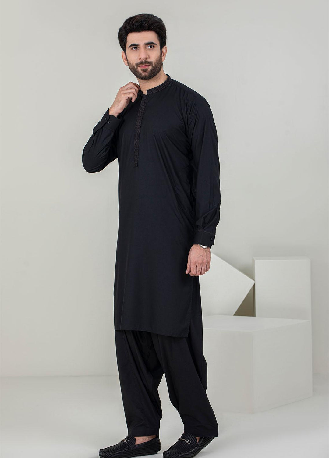 Stylish Wash N Wear Formal Men Kameez Shalwar -  C-9719 Black