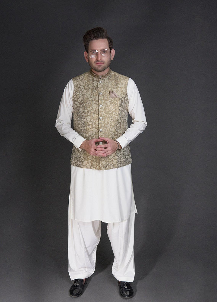 Stylish Wash N Wear Formal Men Kurta Shalwar with Waistcoat -  WA-900-222 Golden Green