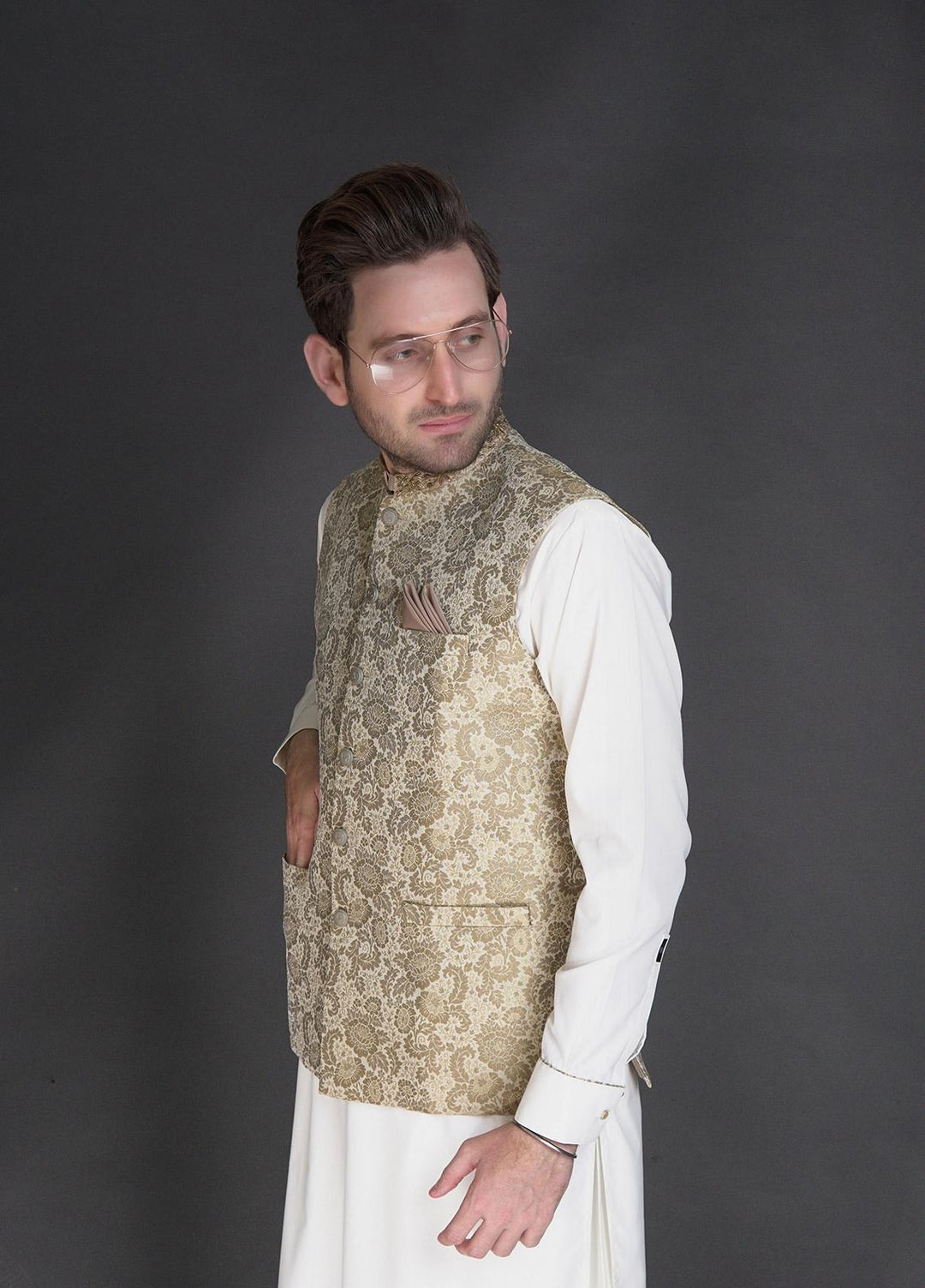 Stylish Wash N Wear Formal Men Kurta Shalwar with Waistcoat -  WA-900-222 Golden Green