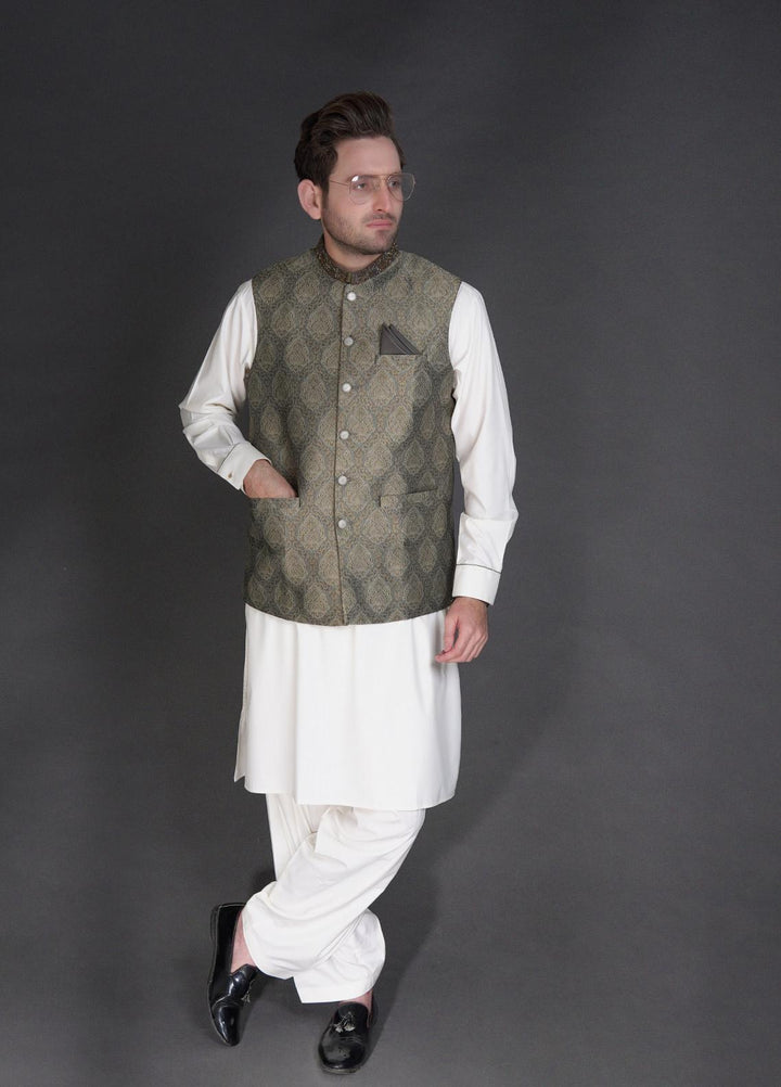 Stylish Wash N Wear Formal Kurta Shalwar with Waistcoat for Men -  WA-900-333 Cream