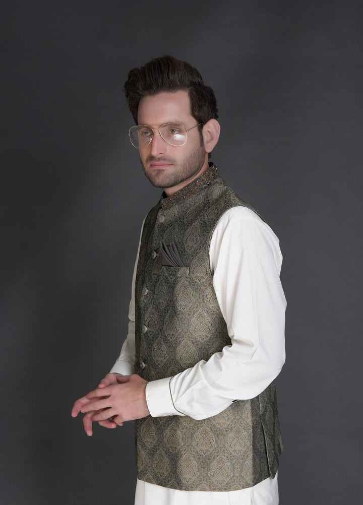 Stylish Wash N Wear Formal Kurta Shalwar with Waistcoat for Men -  WA-900-333 Cream