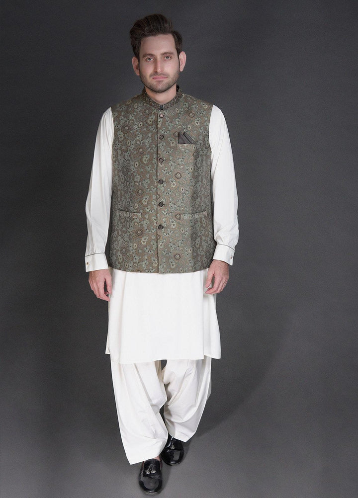 Stylish Wash N Wear Formal Men Kurta Shalwar with Waistcoat -  WA-900-555 Cream