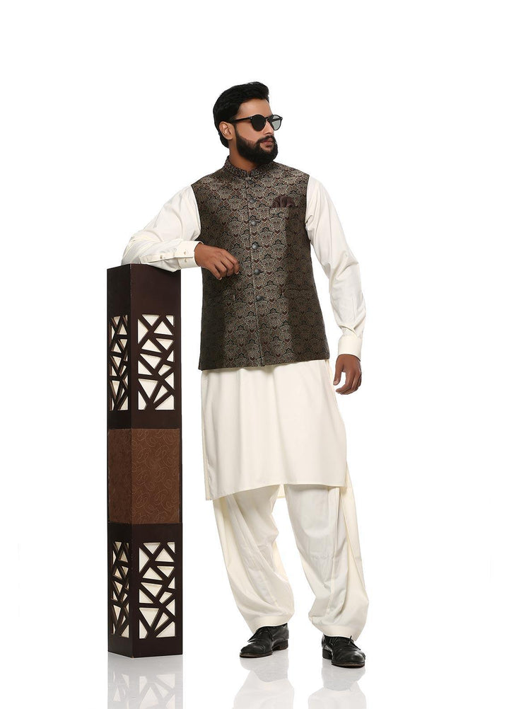 Stylish Wash N Wear Formal Men Kurta Shalwar with Waistcoat -  WS-400-444 Cream
