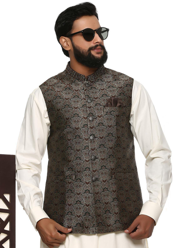 Stylish Wash N Wear Formal Men Kurta Shalwar with Waistcoat -  WS-400-444 Cream