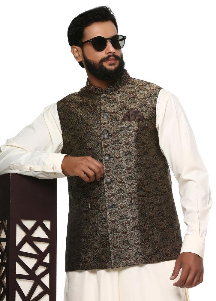 Stylish Wash N Wear Formal Men Kurta Shalwar with Waistcoat -  WS-400-444 Cream