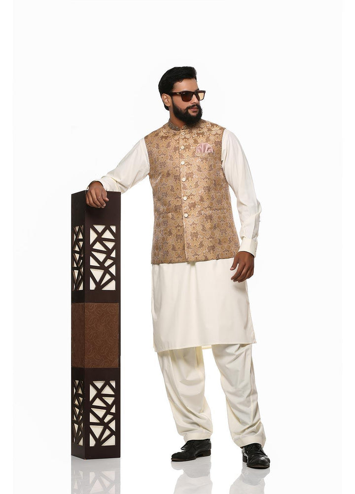 Stylish Wash N Wear Formal Kurta Shalwar with Waistcoat for Men -  WS-400-777 Cream