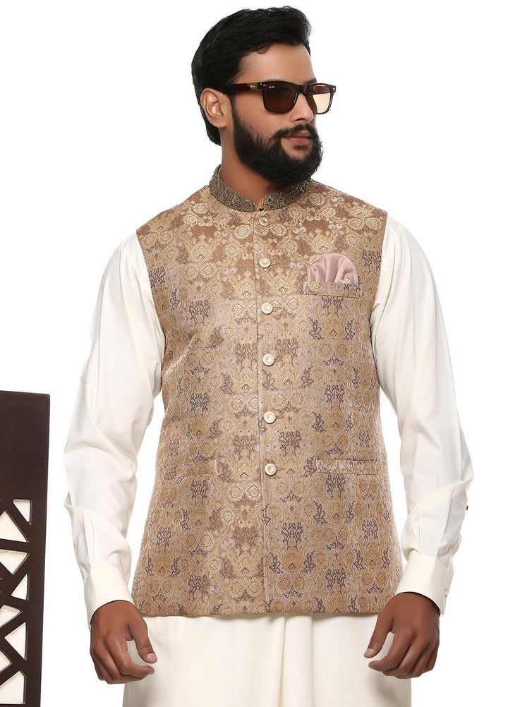 Stylish Wash N Wear Formal Kurta Shalwar with Waistcoat for Men -  WS-400-777 Cream