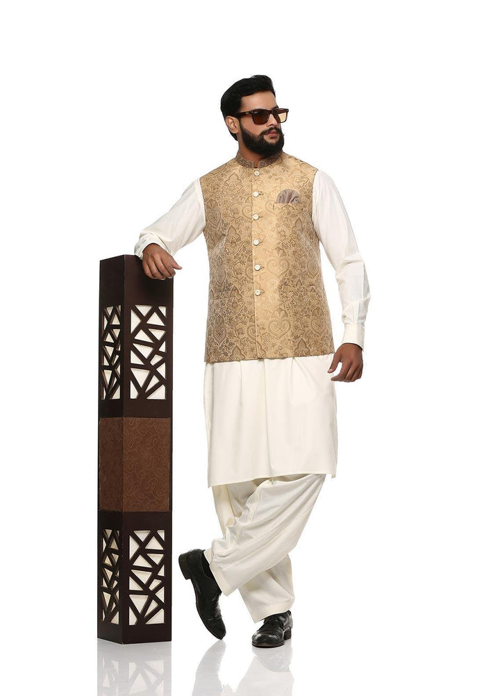 Stylish Wash N Wear Formal Men Kurta Shalwar with Waistcoat -  WS-400-888 Cream