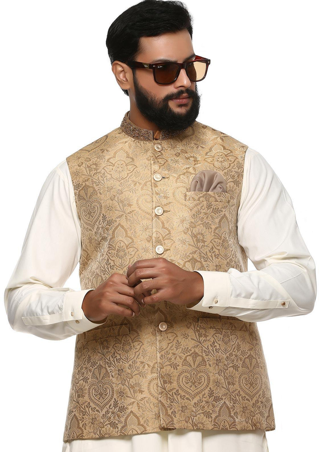 Stylish Wash N Wear Formal Men Kurta Shalwar with Waistcoat -  WS-400-888 Cream