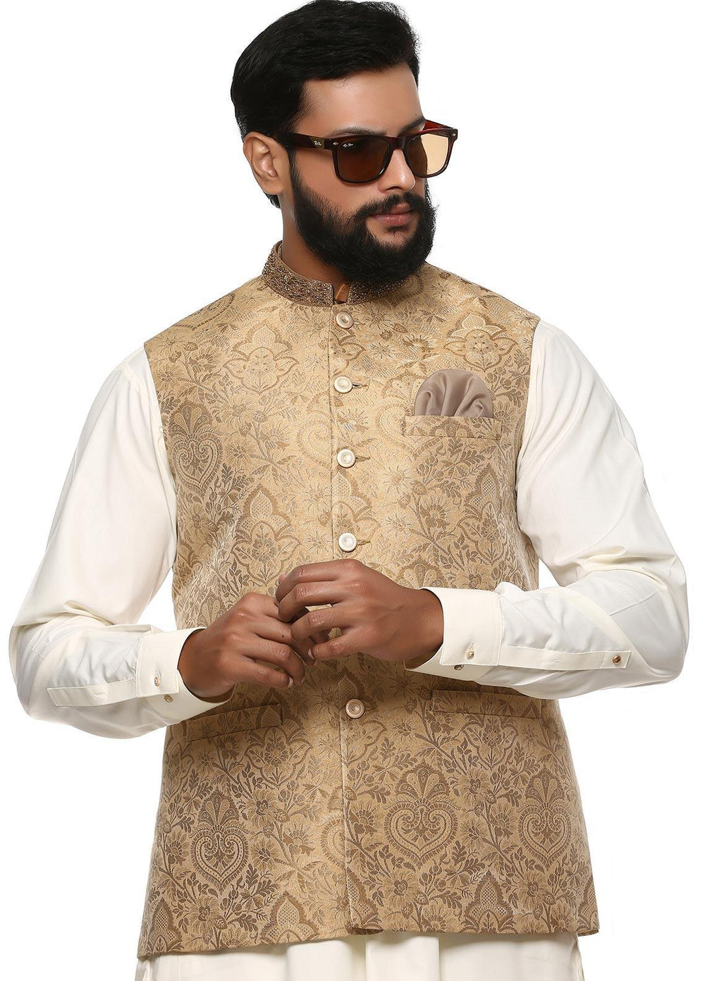 Stylish Wash N Wear Formal Men Kurta Shalwar with Waistcoat -  WS-400-888 Cream