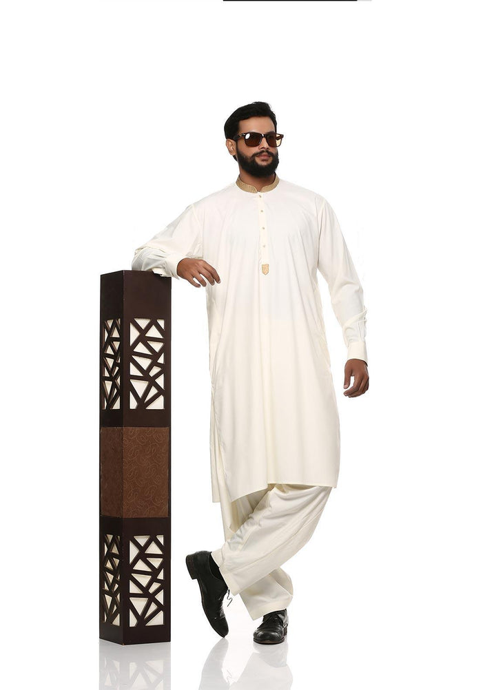 Stylish Wash N Wear Formal Men Kurta Shalwar with Waistcoat -  WS-400-888 Cream