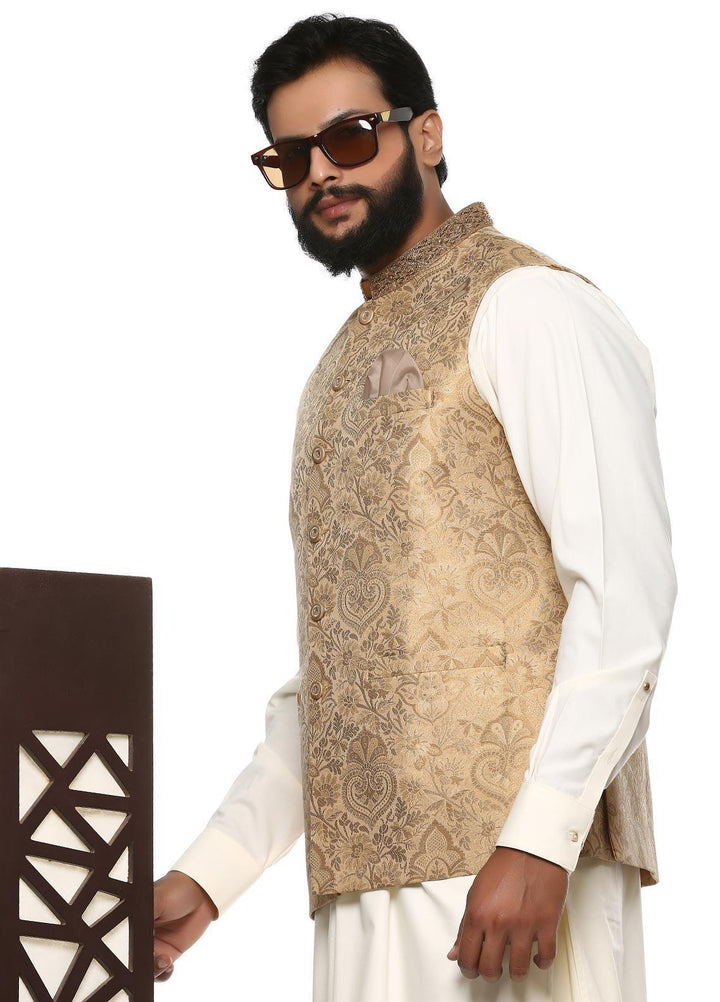 Stylish Wash N Wear Formal Men Kurta Shalwar with Waistcoat -  WS-400-888 Cream