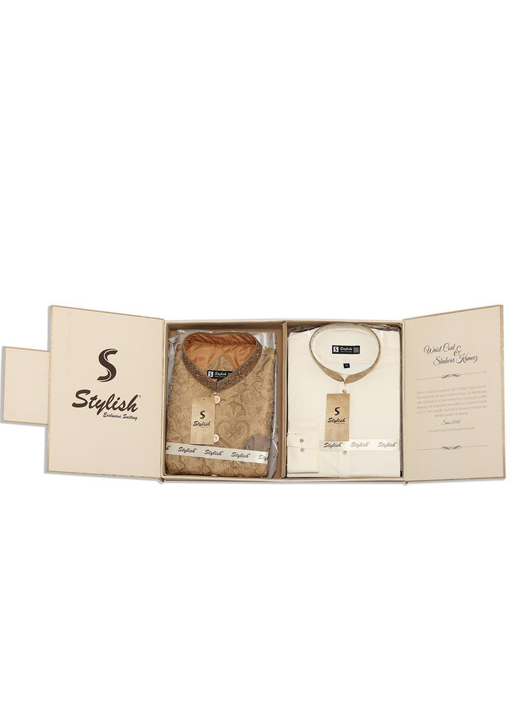 Stylish Wash N Wear Formal Men Kurta Shalwar with Waistcoat -  WS-400-888 Cream