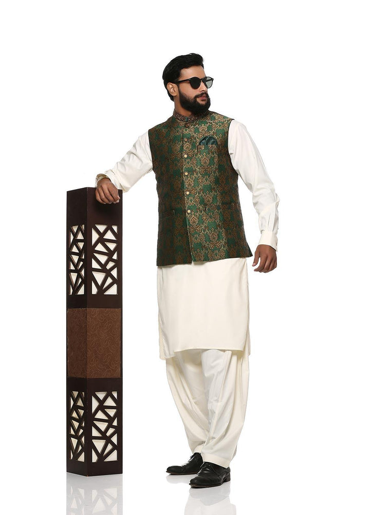 Stylish Wash N Wear Formal Men Kurta Shalwar with Waistcoat -  WS-500-555 Cream